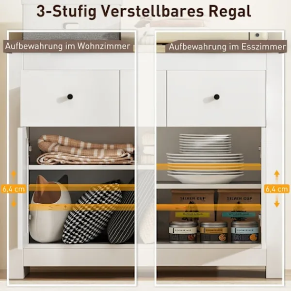 Northio Sideboards>Byrå med gott om förvaringsutrymme, skänk med mjukstängande dörrar, 2 lådor, justerbar hylla, vit