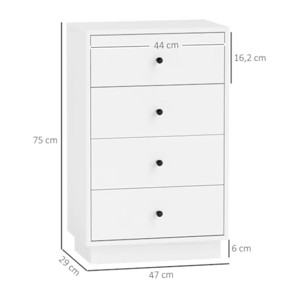 Northio Byråer>Byrå, skänk med 4 lådor, skåp av trämaterial, förvaringsskåp i modern stil, lådskåp, byrå, skåp för vardagsrum, sovrum, hall, 47 x 29 x 75 cm, vit