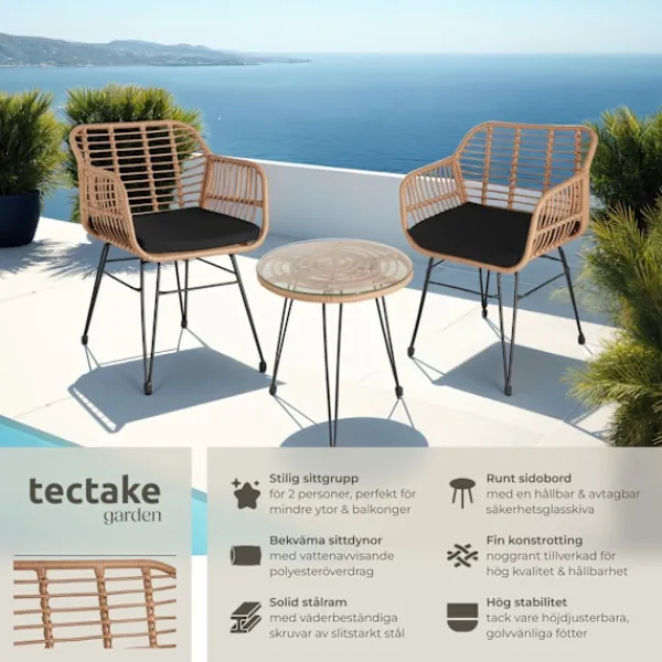 tectake Balkongmöbler>Caféset i konstrotting Molfetta 2+1 natur