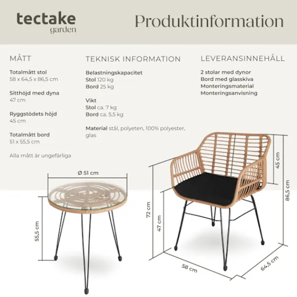 tectake Balkongmöbler>Caféset i konstrotting Molfetta 2+1 natur