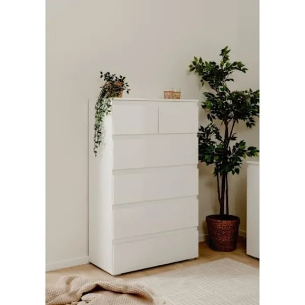 Byråer>CAPETOWN byrå - Blank vit dekor - 6 lådor - L80 x H131,5 x D40 cm