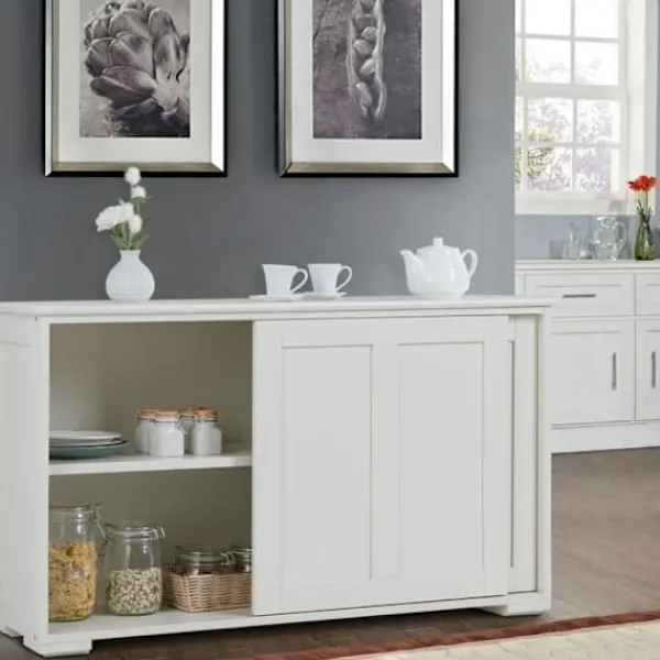 Sideboards>Contemporary Low Sideboard - Sideboard - Glansigt Vitlackerad - Skjutdörrar - 2 MDF-hyllor