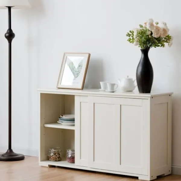 Sideboards>Contemporary Low Sideboard - Sideboard - Glansigt Vitlackerad - Skjutdörrar - 2 MDF-hyllor