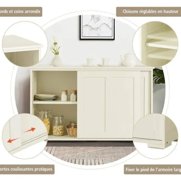 Sideboards>Contemporary Low Sideboard - Sideboard - Glansigt Vitlackerad - Skjutdörrar - 2 MDF-hyllor