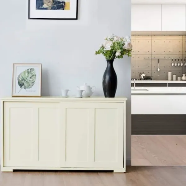 Sideboards>Contemporary Low Sideboard - Sideboard - Glansigt Vitlackerad - Skjutdörrar - 2 MDF-hyllor