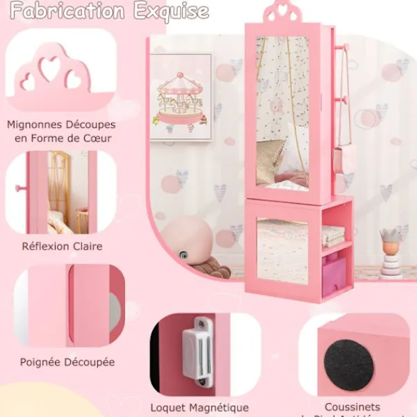 COSTWAY Sminkbord>3 i 1 smyckesskåp för barn med hel spegel, klädhängare, smyckesförvaring, rosa