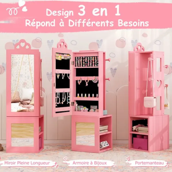 COSTWAY Sminkbord>3 i 1 smyckesskåp för barn med hel spegel, klädhängare, smyckesförvaring, rosa