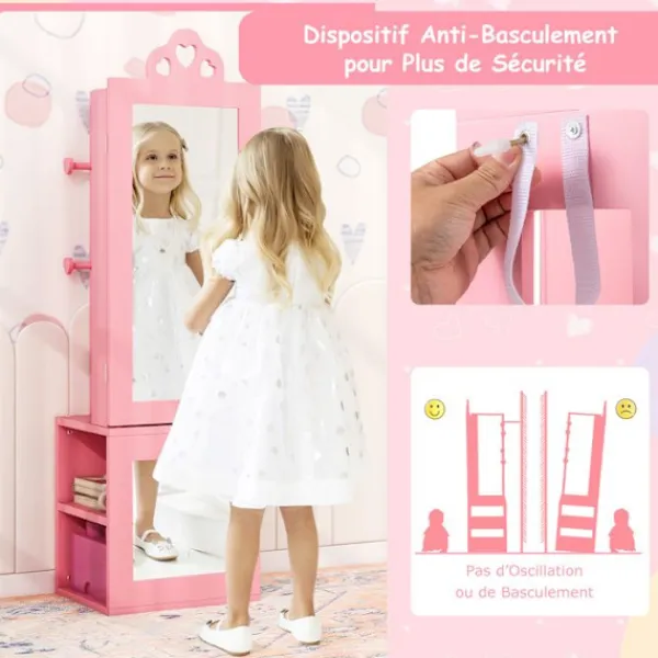 COSTWAY Sminkbord>3 i 1 smyckesskåp för barn med hel spegel, klädhängare, smyckesförvaring, rosa