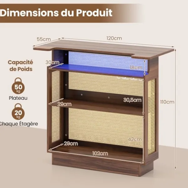 COSTWAY Balkongmöbler>Barbord i PE-rattan med flätverk 120 x 55 x 110 cm - RGB LED-belysning - 3 stöd för fotade glas och 3 hyllor