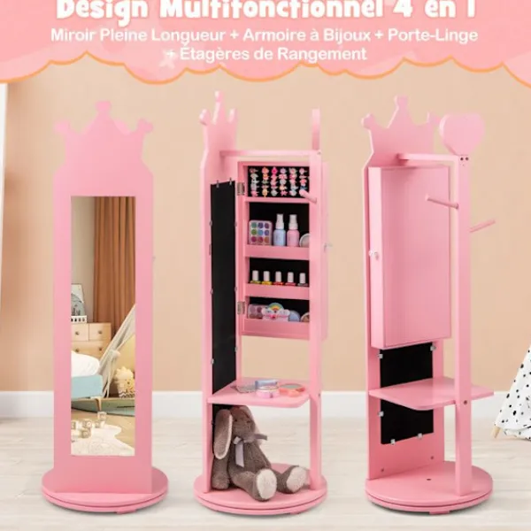COSTWAY Sminkbord>Barnsmycken Garderob Vridbar, Fristående spegel, Stor förvaringskapacitet, Klädställ, Krokar, Rosa