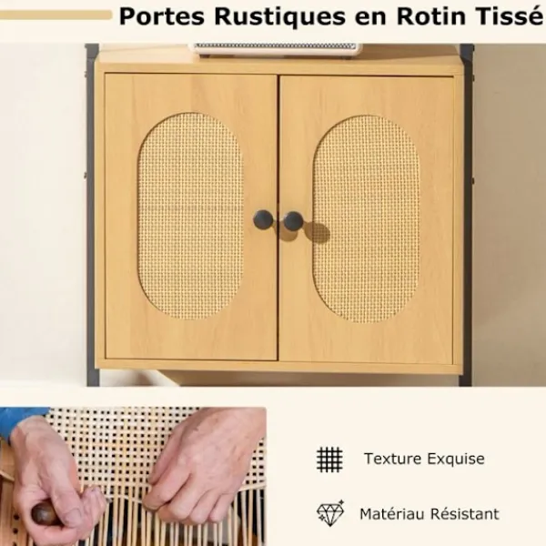 COSTWAY Hyllor>Bibliotek Hylla Stege med 6 Nivåer och Rattanförvaring, Metallram, för Vardagsrum Sovrum Kontor, 30x60x180cm