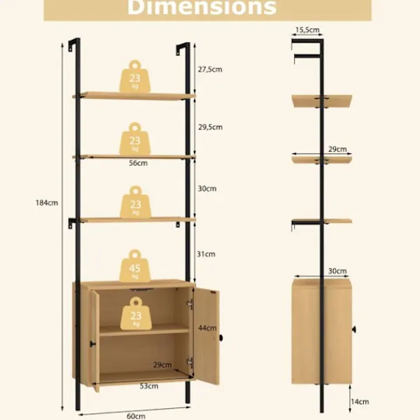 COSTWAY Hyllor>Bibliotek Hylla Stege med 6 Nivåer och Rattanförvaring, Metallram, för Vardagsrum Sovrum Kontor, 30x60x180cm