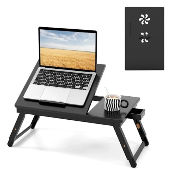 COSTWAY Småbord>Bärbart överbäddsbord för PC och surfplatta termisk design, hopfällbart och fällbart bord med liten låda, brun