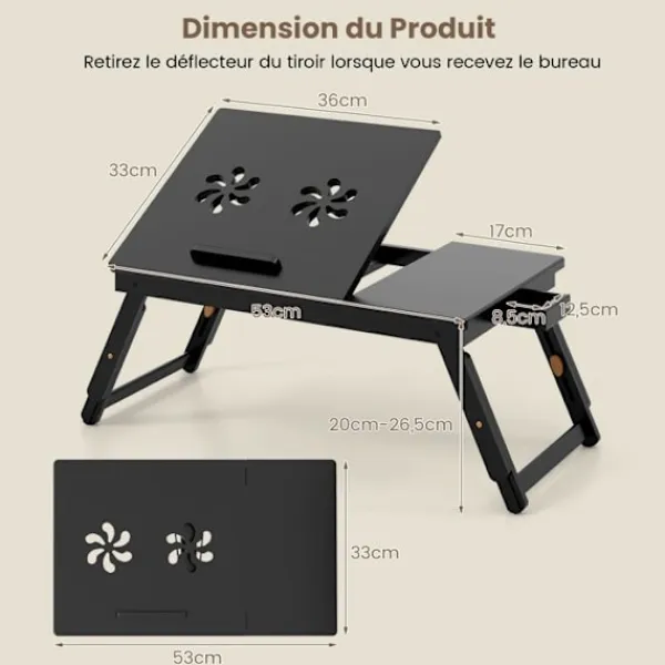 COSTWAY Småbord>Bärbart överbäddsbord för PC och surfplatta termisk design, hopfällbart och fällbart bord med liten låda, brun