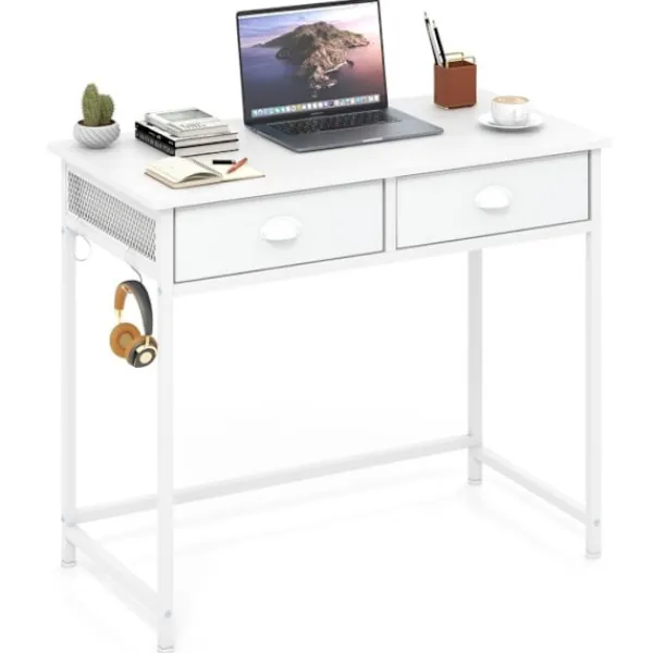 COSTWAY Kontorsmöbler>Dator skrivbord med 2 tyglådor - 4 hängande krokar 90 x 45 x 75 cm - Metallram för vardagsrum och sovrum