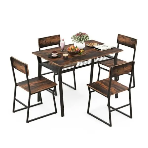 COSTWAY Matgrupper>5-delat matbordsset med 4 industristolar, förvaringshylla, metallstomme, 110 x 70 x 75 cm