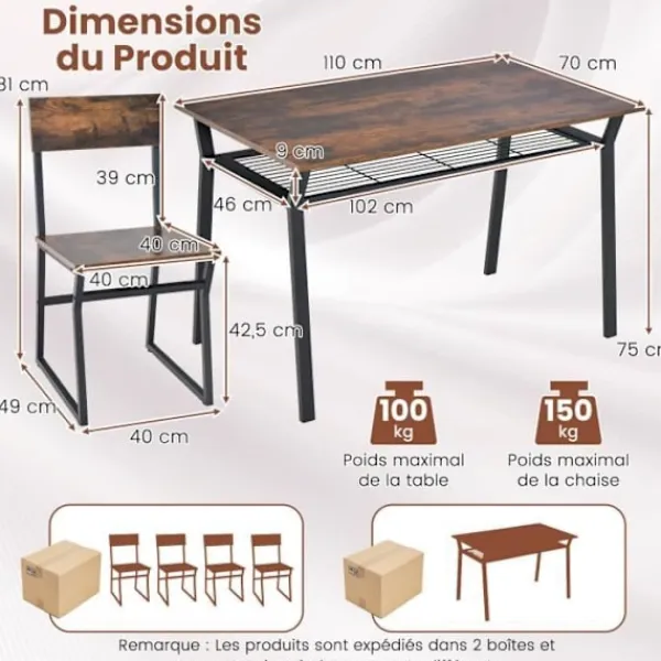 COSTWAY Matgrupper>5-delat matbordsset med 4 industristolar, förvaringshylla, metallstomme, 110 x 70 x 75 cm