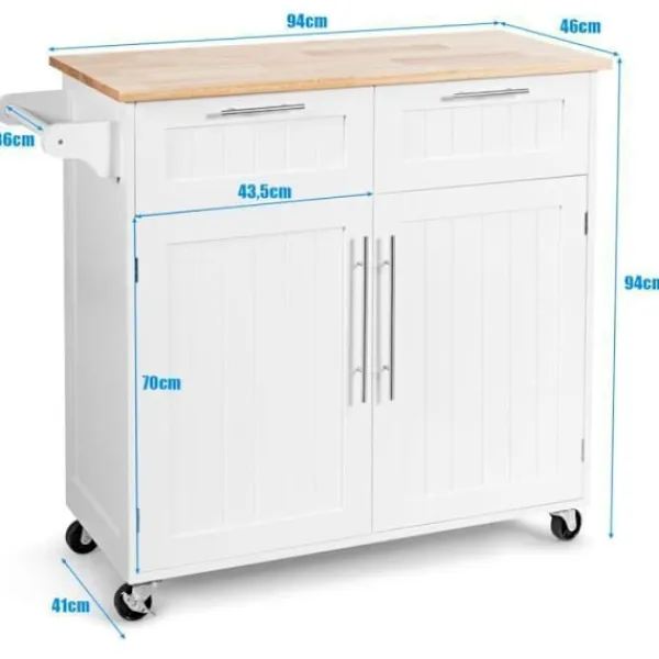 COSTWAY Köksö>Desserte/Chariot de Kök med Rullhjul - 94x45x94,5 CM - 2 Lådor - 2 Dörrar - Handdukshållare - Kökö - Vit
