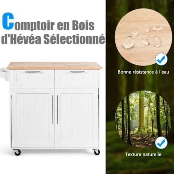 COSTWAY Köksö>Desserte/Chariot de Kök med Rullhjul - 94x45x94,5 CM - 2 Lådor - 2 Dörrar - Handdukshållare - Kökö - Vit