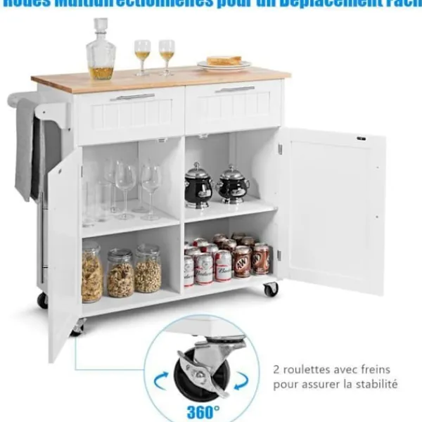 COSTWAY Köksö>Desserte/Chariot de Kök med Rullhjul - 94x45x94,5 CM - 2 Lådor - 2 Dörrar - Handdukshållare - Kökö - Vit