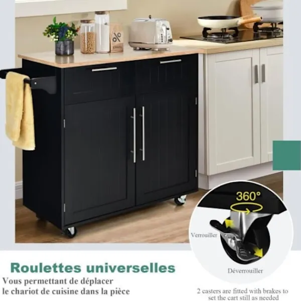 COSTWAY Köksö>Desserte/Chariot för Kök med Hjul - 94x45x94,5 CM - 2 Lådor - 2 Dörrar - Hängare för Hushållspapper - Kökshylla - Svart