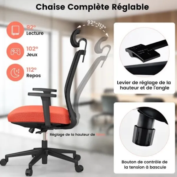 COSTWAY Kontorsmöbler>Ergonomisk kontorsstol, justerbar sitthöjd 36-46 cm, med svankstöd, 3D nackstöd, maxbelastning. 180 kg