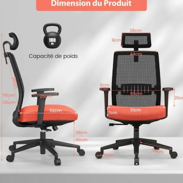 COSTWAY Kontorsmöbler>Ergonomisk kontorsstol, justerbar sitthöjd 36-46 cm, med svankstöd, 3D nackstöd, maxbelastning. 180 kg