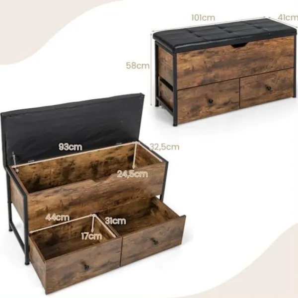 COSTWAY Sideboards>förvaringsbänk, PU vadderad kudde - 101 x 41 x 58 CM - förvaringslåda för sovrum, entré, vardagsrum brun