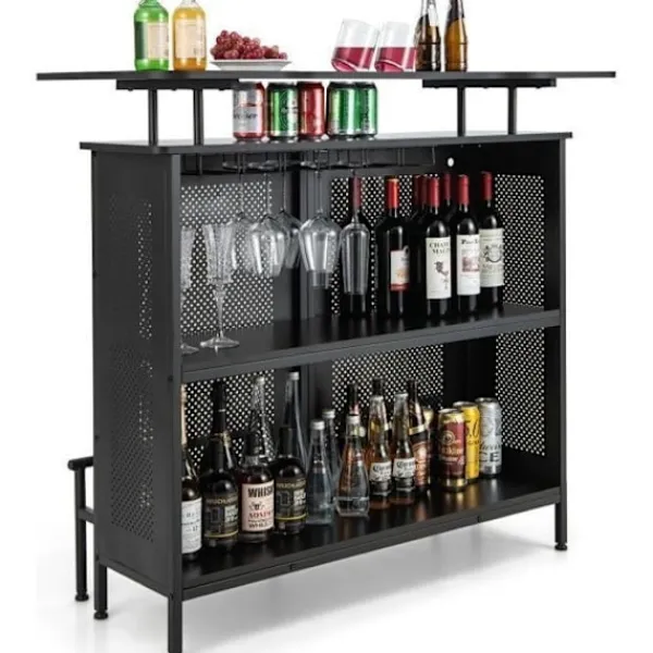 COSTWAY Sideboards>Home Barbord med 2 vinhyllor och 6 glashållare, metallfotstöd, 7 justerbara ben,
