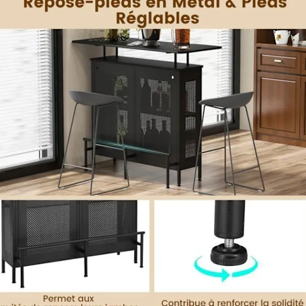 COSTWAY Sideboards>Home Barbord med 2 vinhyllor och 6 glashållare, metallfotstöd, 7 justerbara ben,