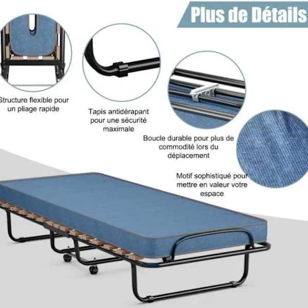 COSTWAY Sängar>hopfällbar säng på hjul, 80 x 190 CM, extrasäng med 6,5 CM skummadrass för hem och kontor, blå