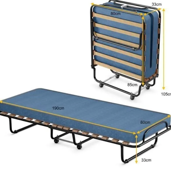 COSTWAY Sängar>hopfällbar säng på hjul, 80 x 190 CM, extrasäng med 6,5 CM skummadrass för hem och kontor, blå