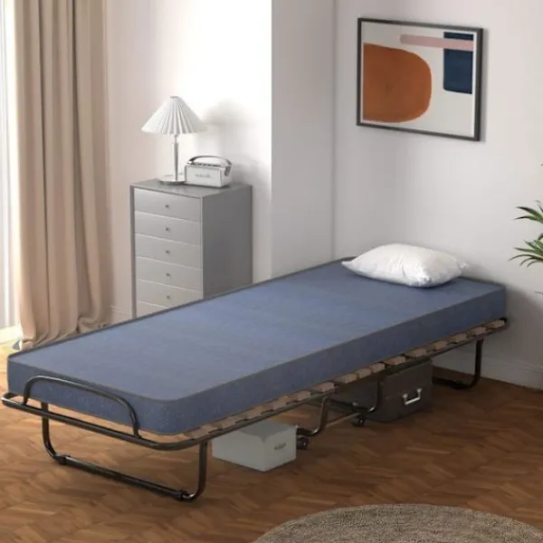 COSTWAY Sängar>hopfällbar säng på hjul, 80 x 190 CM, extrasäng med 6,5 CM skummadrass för hem och kontor, blå