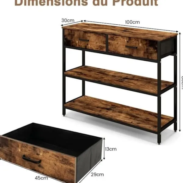 COSTWAY Sideboards>industrikonsolbord 3 våningar, 2 lådor - 100 x 30 x 80 cm Rustik brun metallram