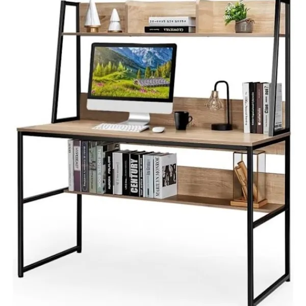 COSTWAY Kontorsmöbler>Industriskrivbord med förvaringsbokhylla, 120 x 57 x 140 cm, naturligt