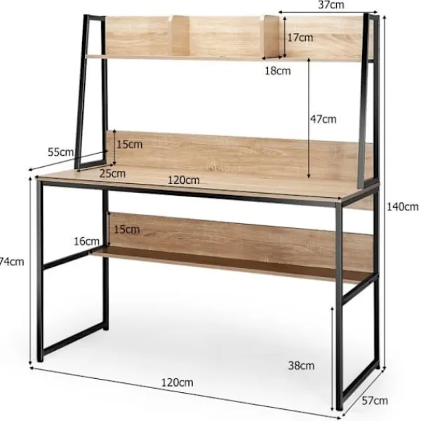COSTWAY Kontorsmöbler>Industriskrivbord med förvaringsbokhylla, 120 x 57 x 140 cm, naturligt
