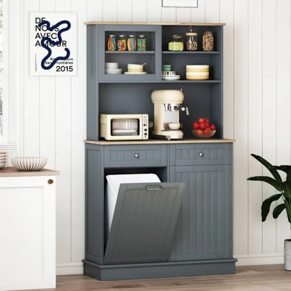 COSTWAY Sideboards>Kök Buffé med Dubbel Lutande Soptunna 38L, Gummiträ Bänk, Justerbara Hyllor, Förvaringsskåp
