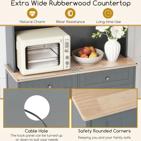 COSTWAY Sideboards>Kök Buffé med Dubbel Lutande Soptunna 38L, Gummiträ Bänk, Justerbara Hyllor, Förvaringsskåp