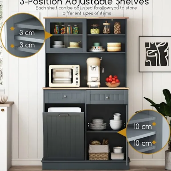 COSTWAY Sideboards>Kök Buffé med Dubbel Lutande Soptunna 38L, Gummiträ Bänk, Justerbara Hyllor, Förvaringsskåp