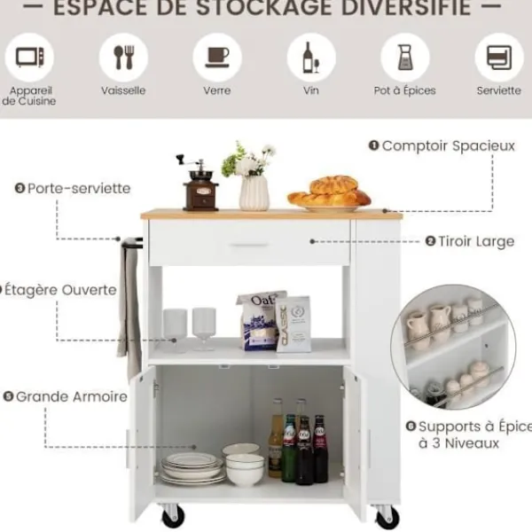 COSTWAY Köksö>Kökö med Rullhjul (2 Låsbara) 82x46x92cm Kökö Med 3 Kryddburkar