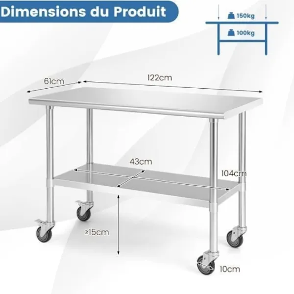 COSTWAY Köksö>Köksbord i rostfritt stål med låsbara hjul 122x61x90cm Justerbara nedre hyllor Bänkskiva