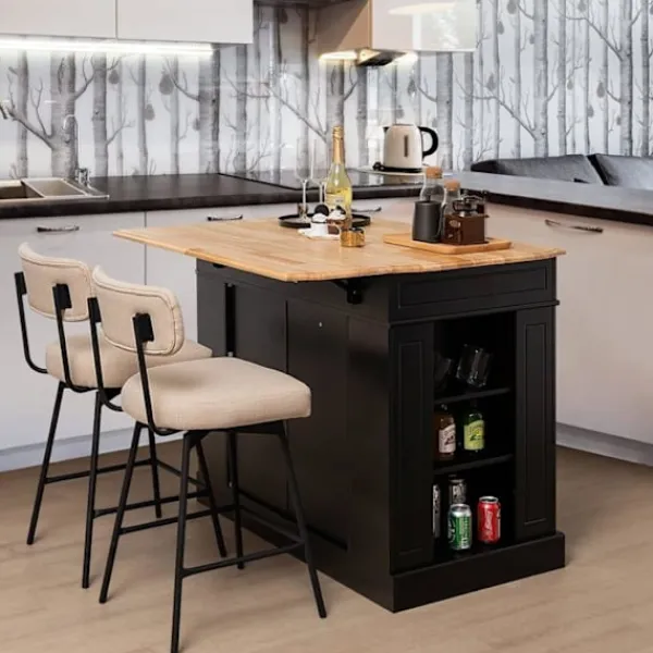 COSTWAY Köksö>Köksvagn Central Kitchen Island - Vikbara bänkskivor, lådor, 2 dörrar, justerbar hylla - Svart