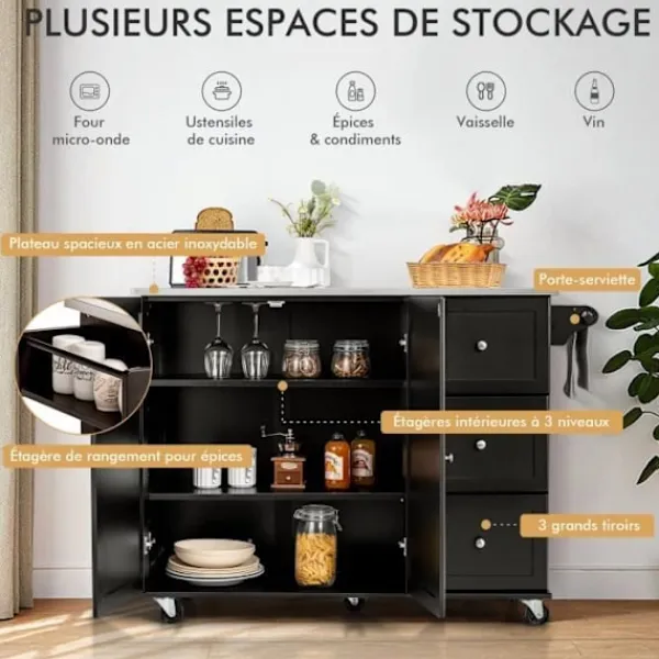 COSTWAY Köksö>Köksvagn på hjul - Bricka i rostfritt stål. - Island Kitchen Cart - 3 lådor, 2 dörrar och kryddställ, svart
