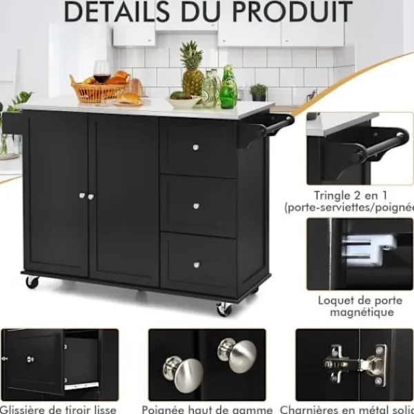 COSTWAY Köksö>Köksvagn på hjul - Bricka i rostfritt stål. - Island Kitchen Cart - 3 lådor, 2 dörrar och kryddställ, svart