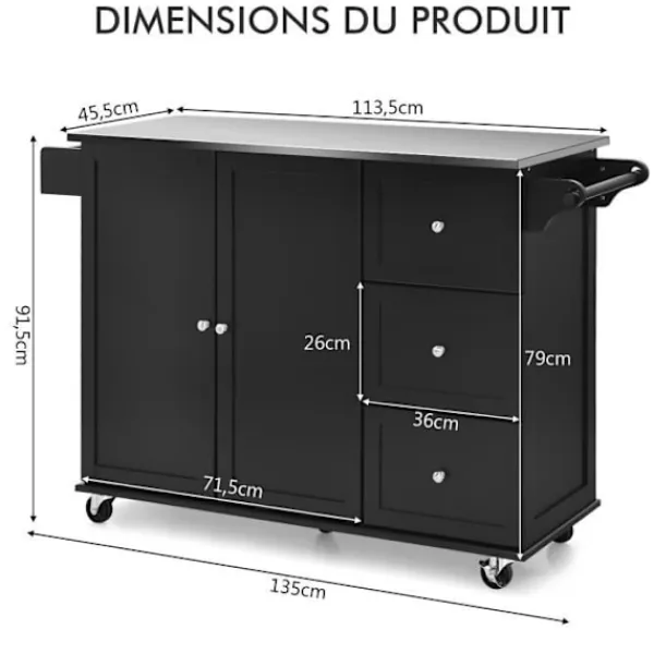 COSTWAY Köksö>Köksvagn på hjul - Bricka i rostfritt stål. - Island Kitchen Cart - 3 lådor, 2 dörrar och kryddställ, svart