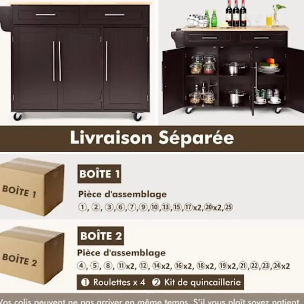 COSTWAY Köksö>köksvagn på hjul, köksö med knivhållare, handduksställ, 3 dörrar och 2 lådor, kaffe