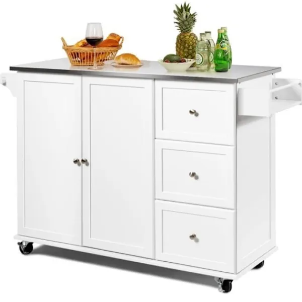 COSTWAY Köksö>Köksvagn på hjul med bricka i rostfritt stål. Kitchen Island Trolley med 3 lådor, 2 dörrar och kryddställ