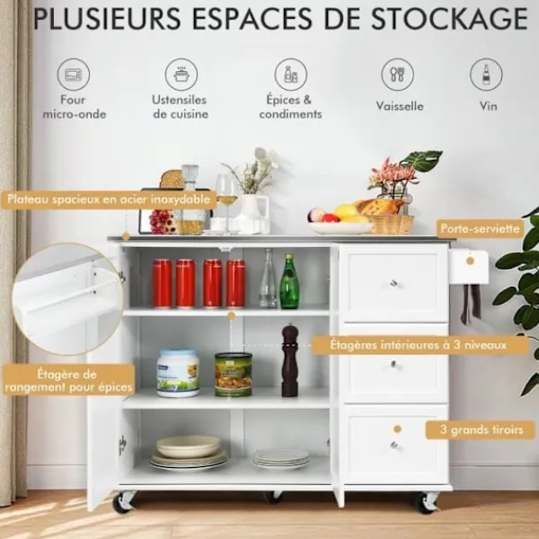 COSTWAY Köksö>Köksvagn på hjul med bricka i rostfritt stål. Kitchen Island Trolley med 3 lådor, 2 dörrar och kryddställ
