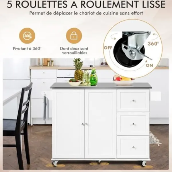 COSTWAY Köksö>Köksvagn på hjul med bricka i rostfritt stål. Kitchen Island Trolley med 3 lådor, 2 dörrar och kryddställ