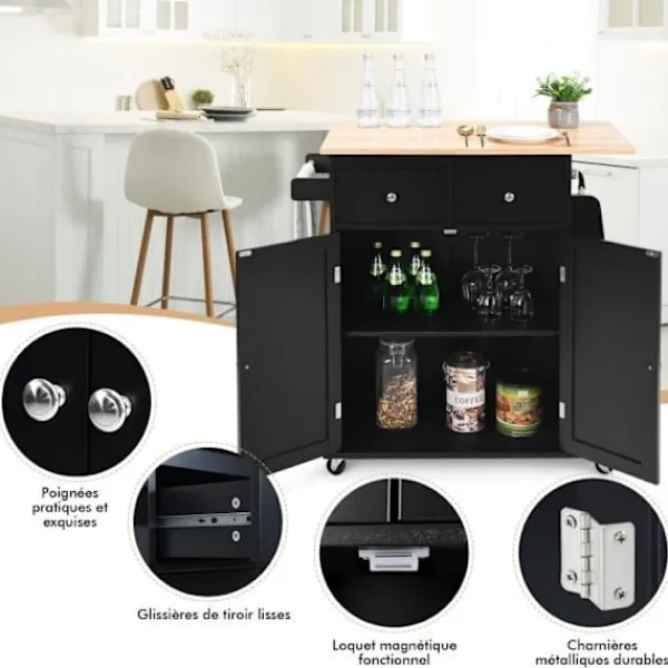 COSTWAY Sideboards>Köksvagn på hjul med Rubberwood Top Island Serveringsvagn med kryddställ och lådor Svart